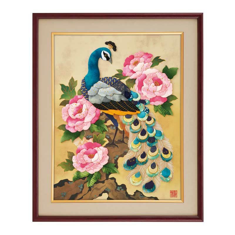 落款付金ぼかしに手描き美しい白孔雀の六通袋帯美品✨428㎝抑えめゴールド 文化勲章受章】上村松篁『白孔雀』生誕120周年記念 彩美版®シルク