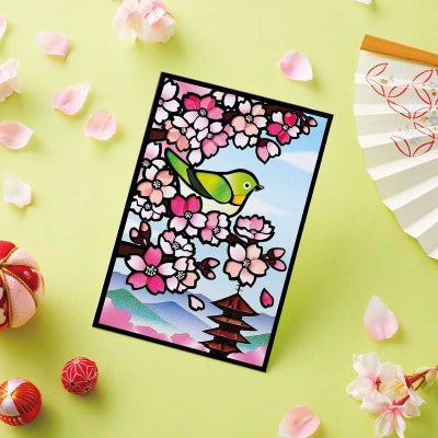 風情ある日本の春の景色を、切り絵風の洗練された絵柄で表現