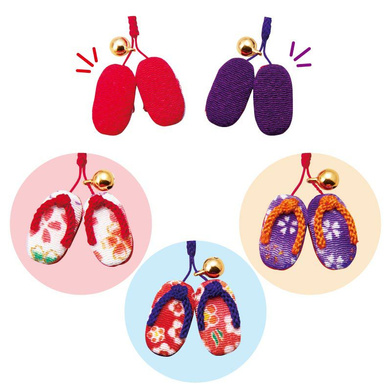 裏面は赤と紫の2色、鼻緒は赤、紫、橙の3色の紐を組み合わせて作ります