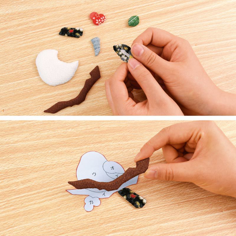 パーツの周囲をすべて布でくるみ、下絵に直接貼っていくので、簡単に作れます