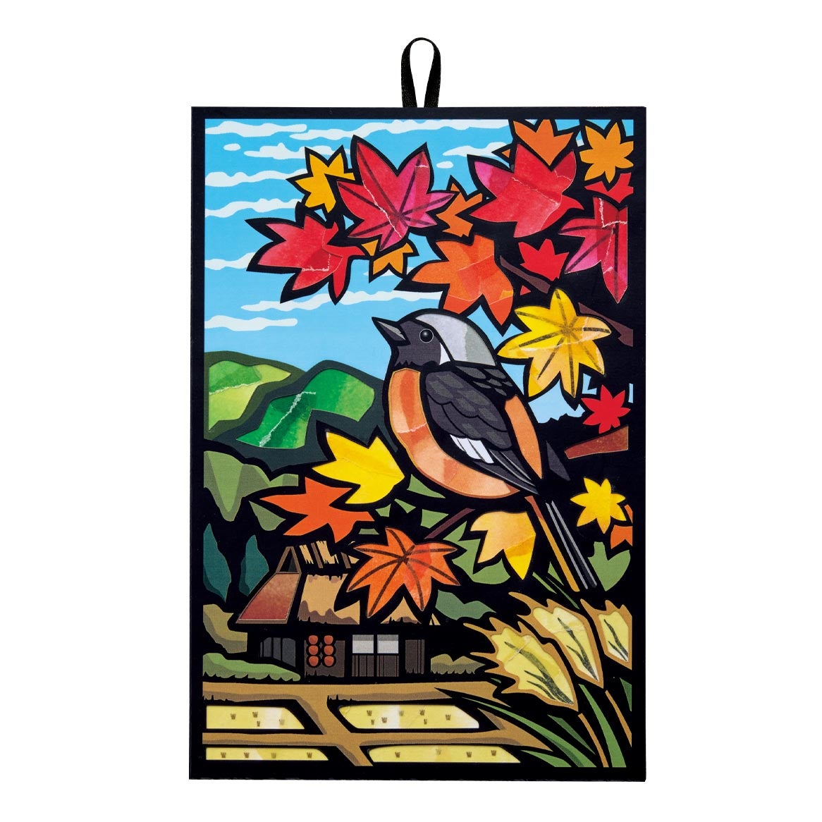 【ちぎり絵】「紅葉−滝」　ハンドメイド　(P 10サイズ）暮らしに彩りを シールちぎりあ～と・ジョウビダキと紅葉｜株式会社さくらほりきり